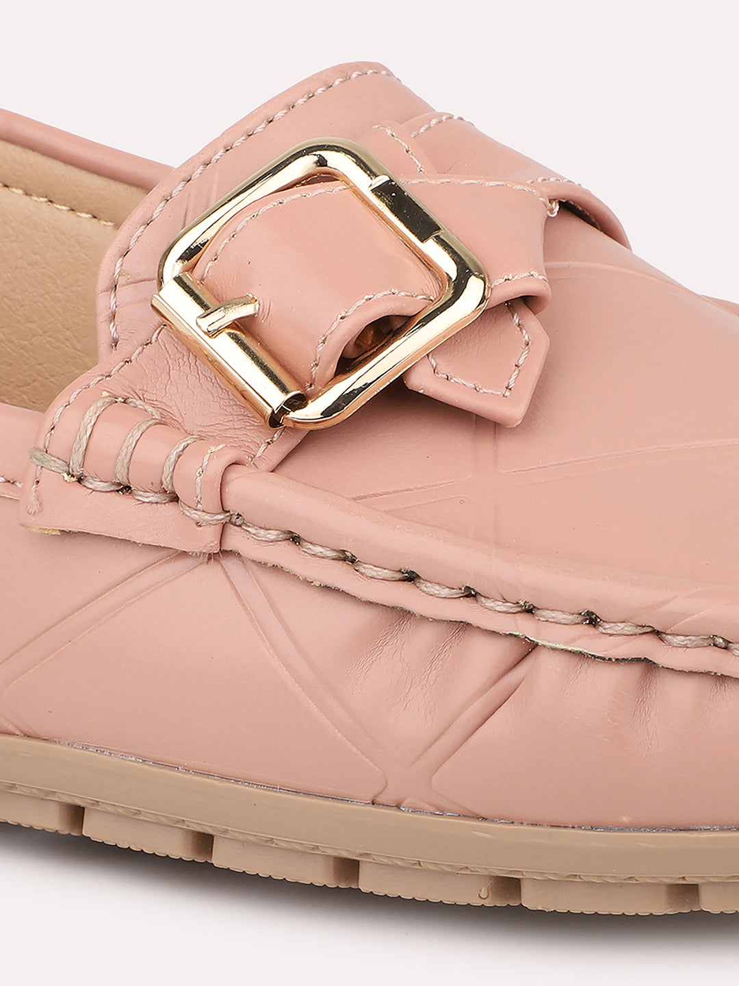 Women Peach Loafers with Buckle Detail