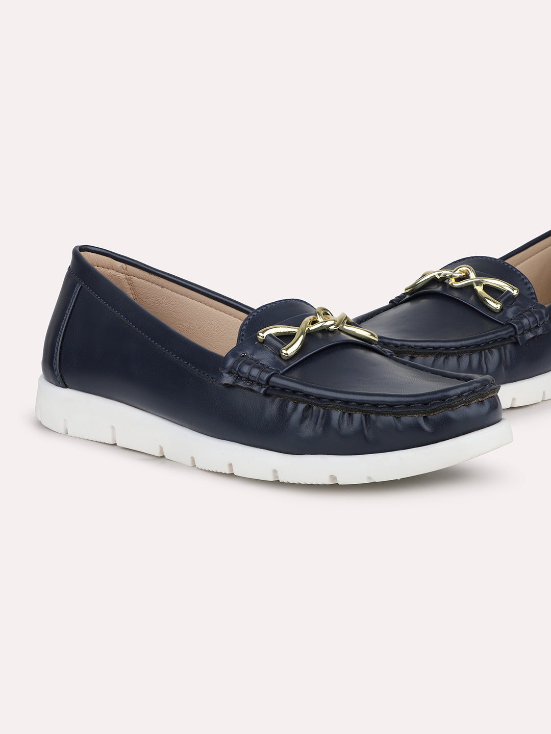 Women Navy Round-Toe Horse-Bit Loafers