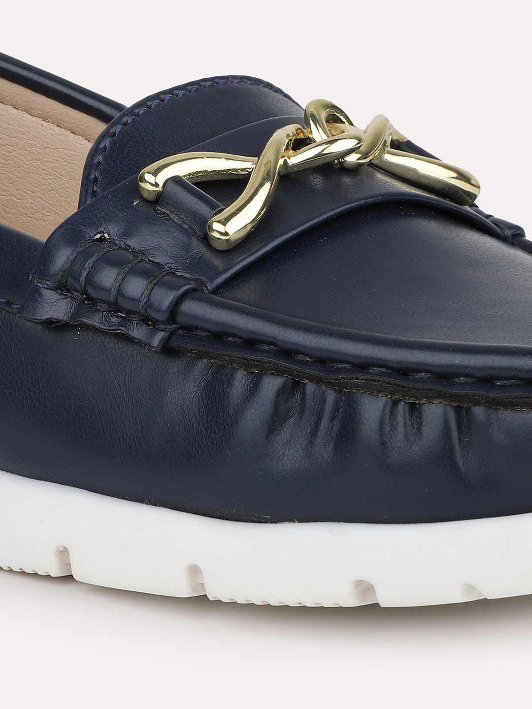 Women Navy Round-Toe Horse-Bit Loafers