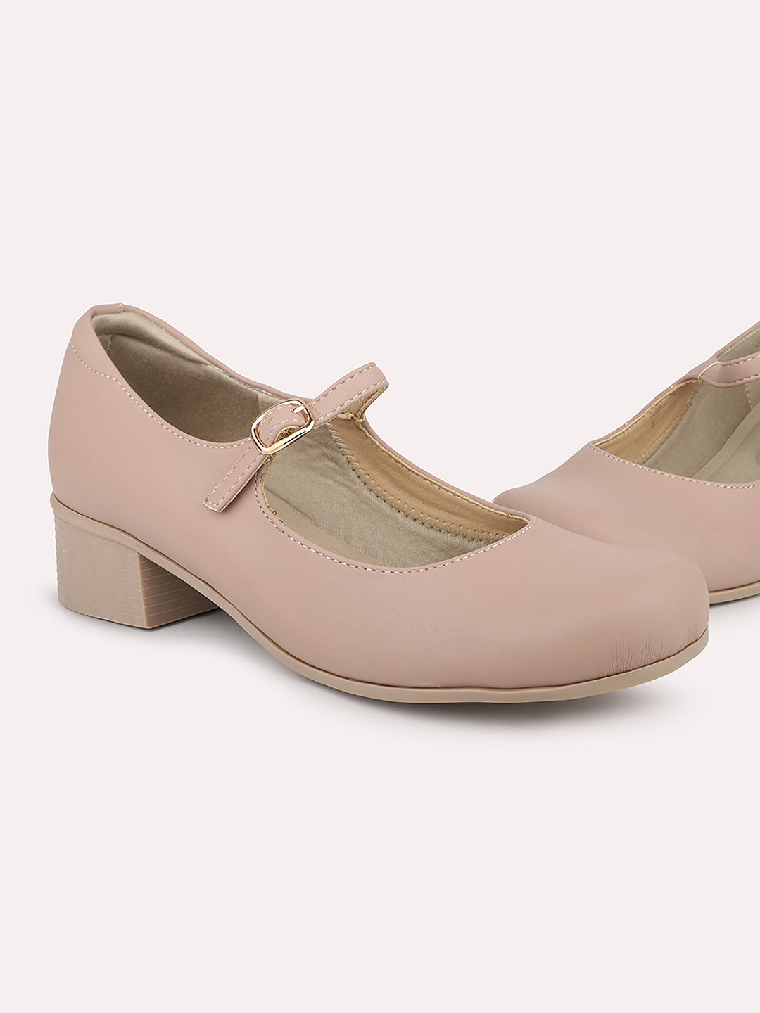 Women Nude Square Toe Block Pumps With Buckles