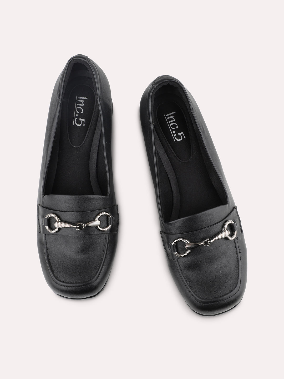 Women Black Buckle Detail Square Toe Moccasins