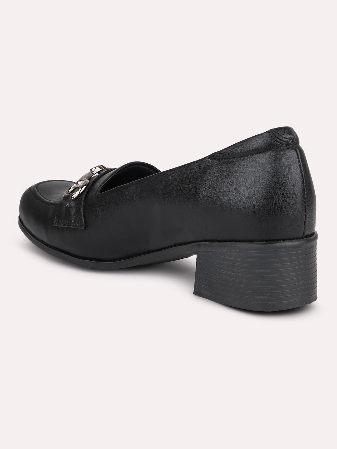 Women Black Buckle Detail Square Toe Moccasins