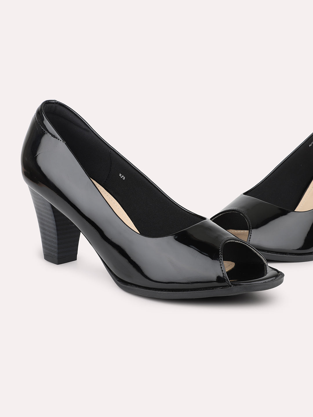 Women Black Peep Toe Block Heel Pumps