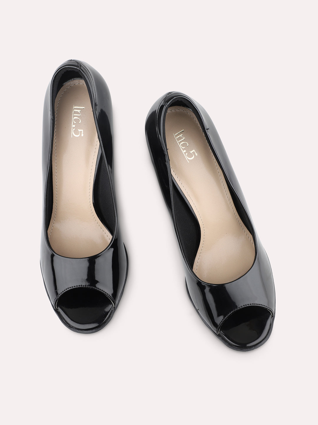 Women Black Peep Toe Block Heel Pumps