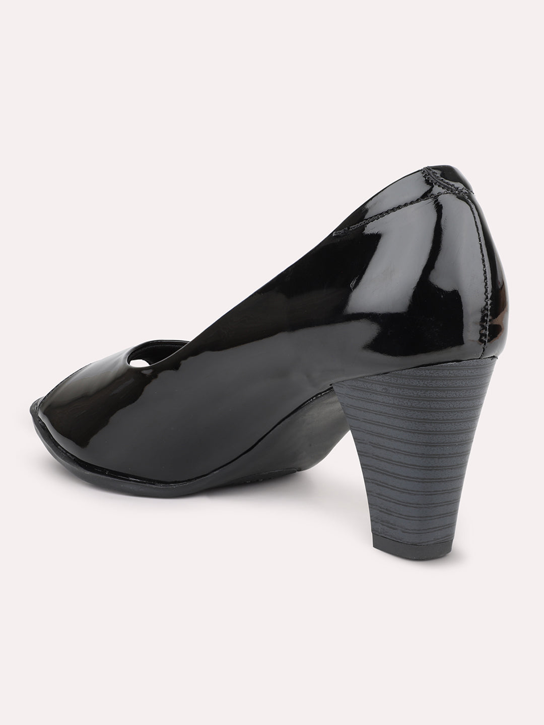 Women Black Peep Toe Block Heel Pumps