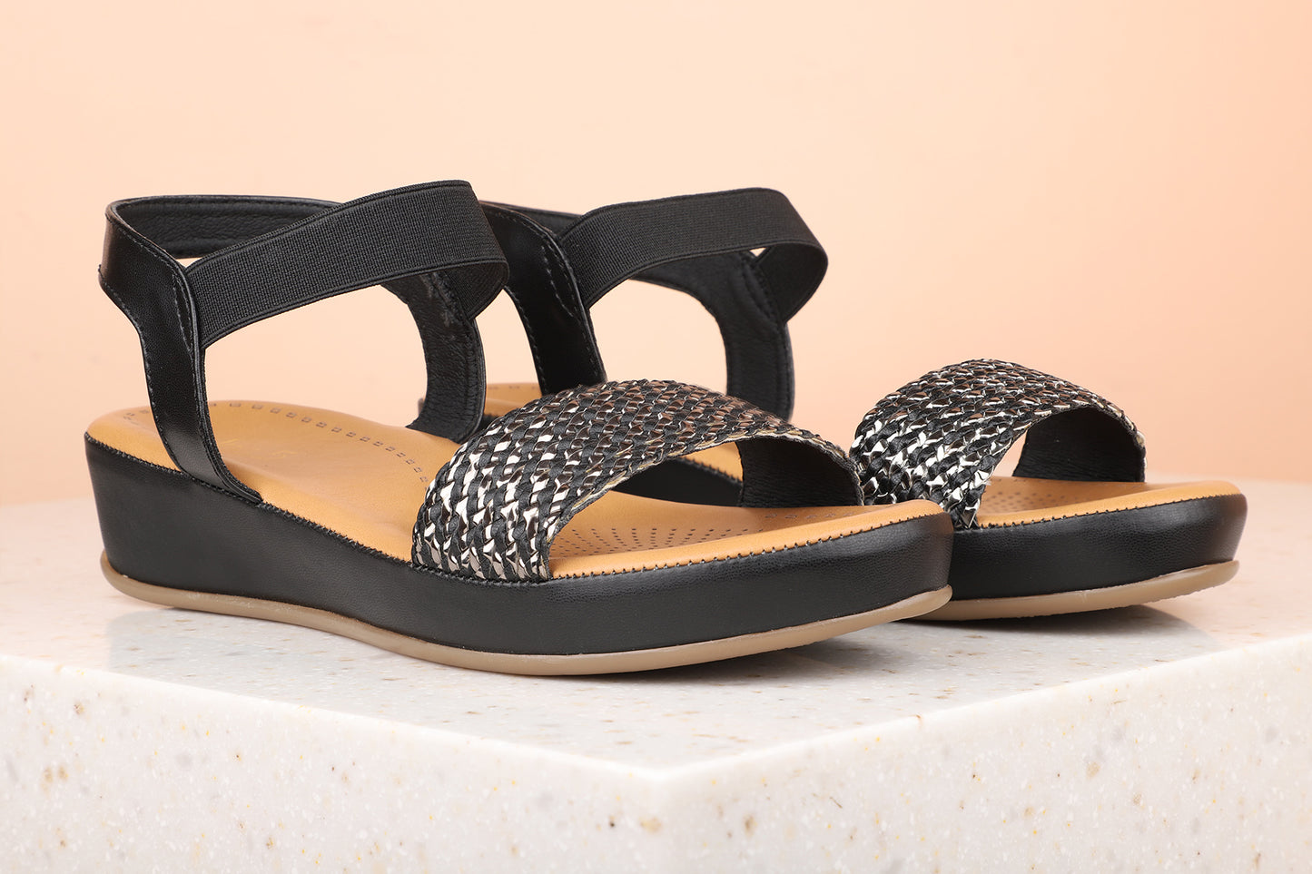 Women Black Textured Comfort Sandals