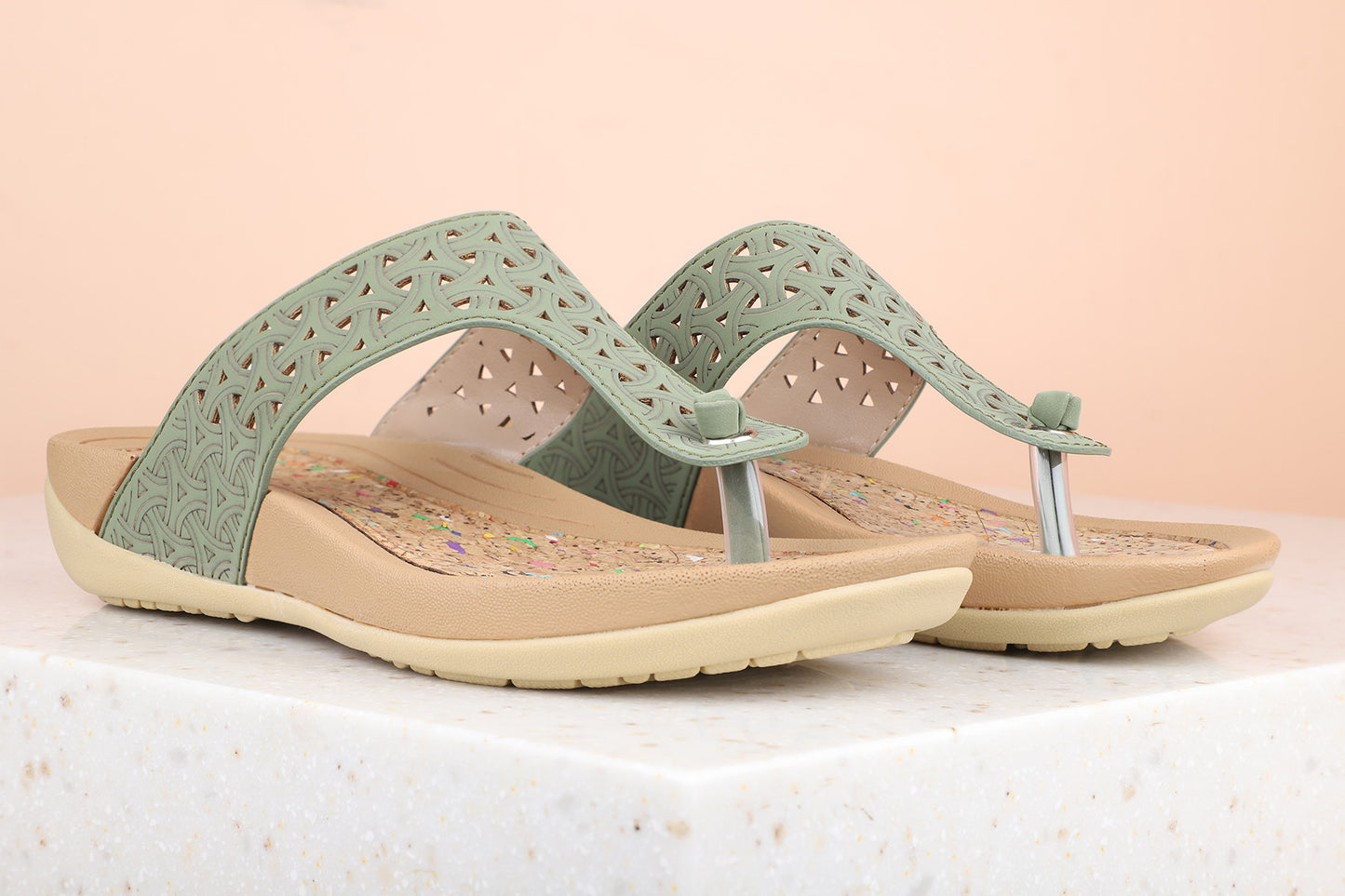 Women Green Textured T-Strap Flats with Laser Cuts