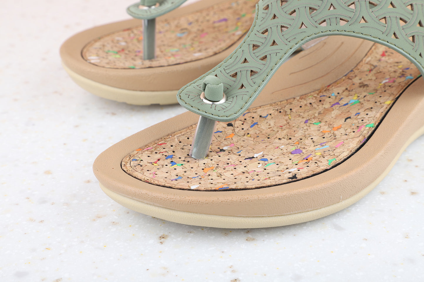 Women Green Textured T-Strap Flats with Laser Cuts