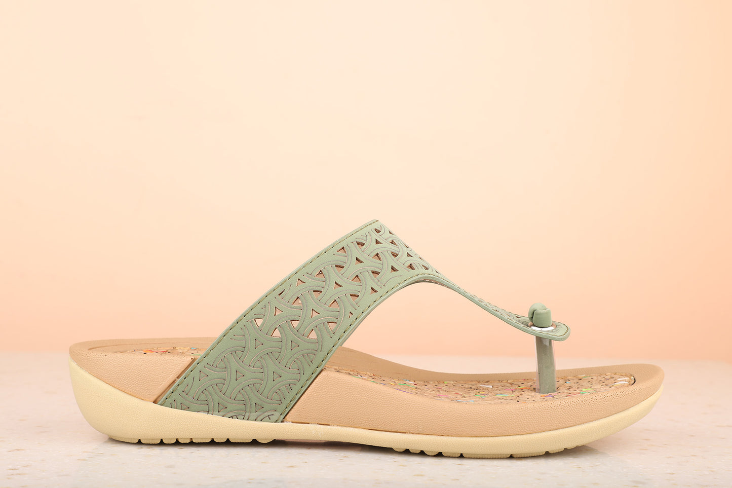 Women Green Textured T-Strap Flats with Laser Cuts