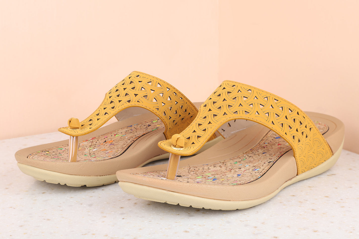 Women Yellow Textured T-Strap Flats with Laser Cuts
