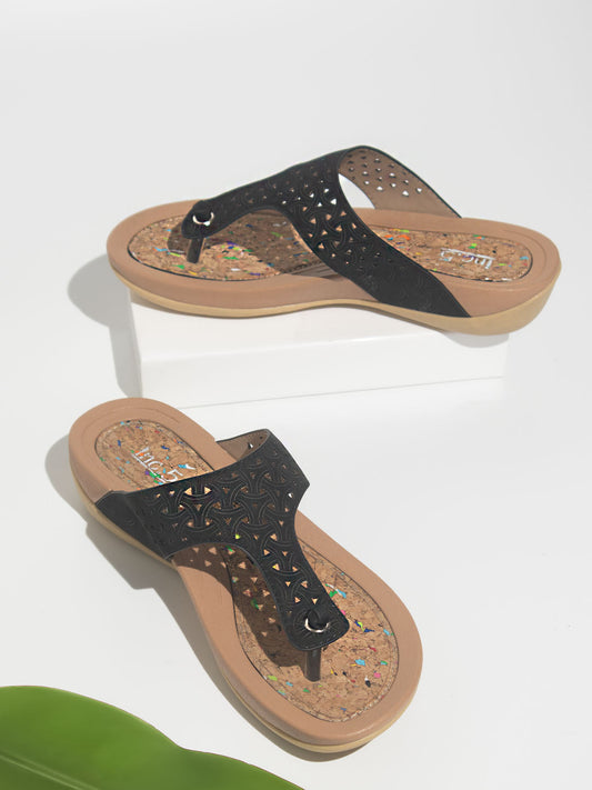 Women Black Textured T-Strap Flats with Laser Cuts