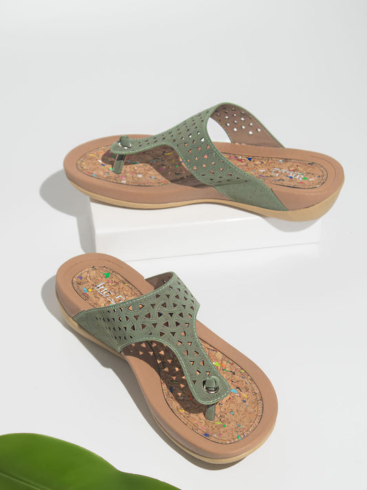 Women Green Textured T-Strap Flats with Laser Cuts