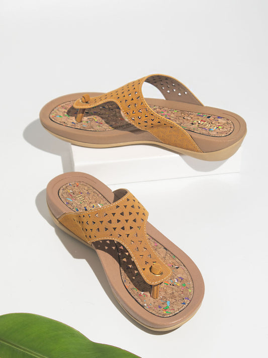 Women Yellow Textured T-Strap Flats with Laser Cuts