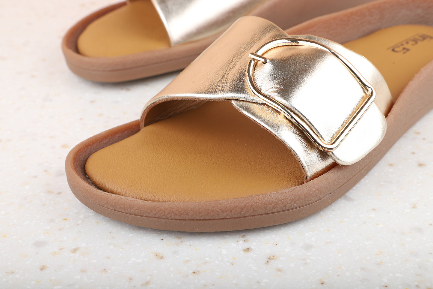 Women Gold Open Toe Flats With Buckles