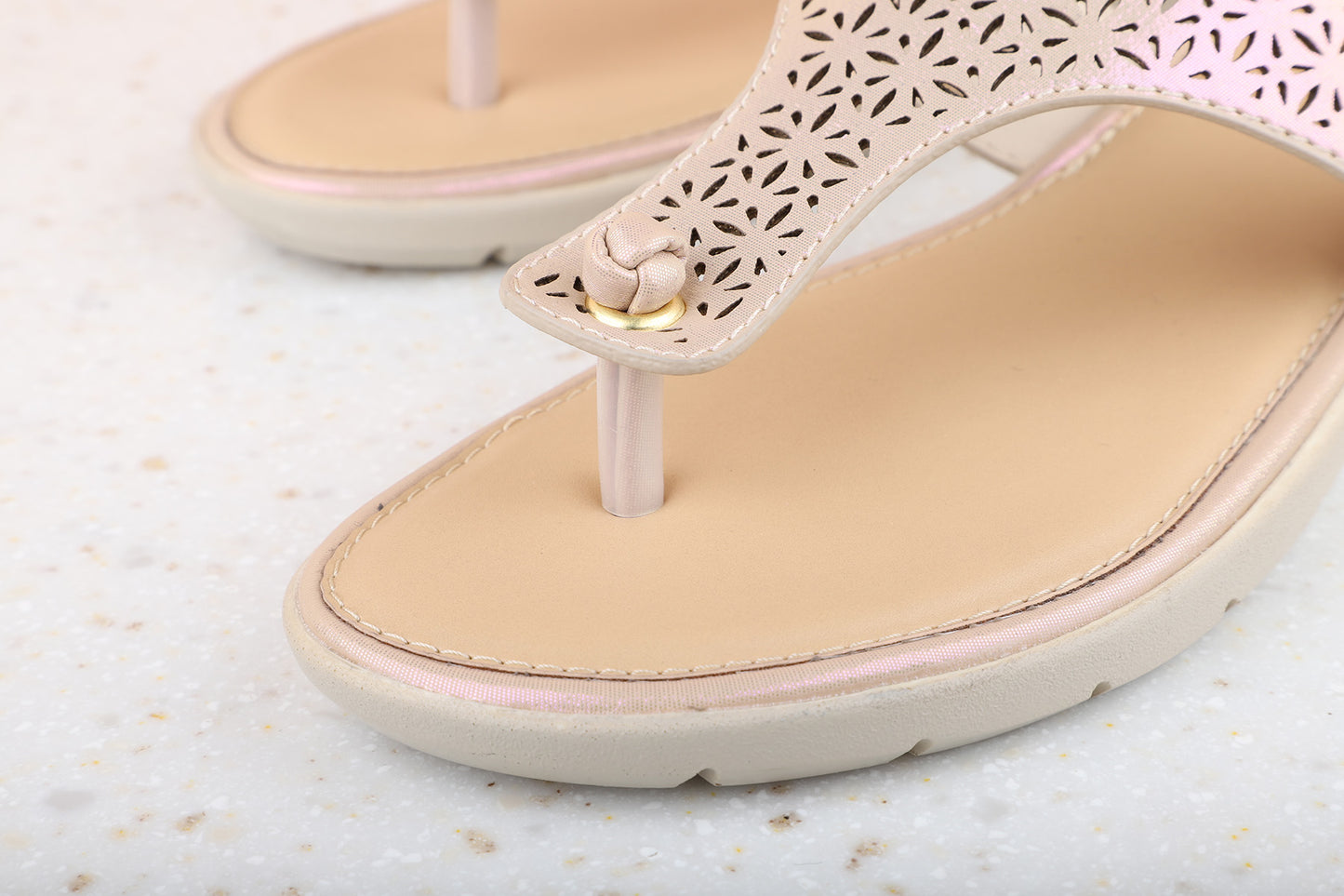 Women Rose Gold Textured T-Strap Flats with Laser Cuts