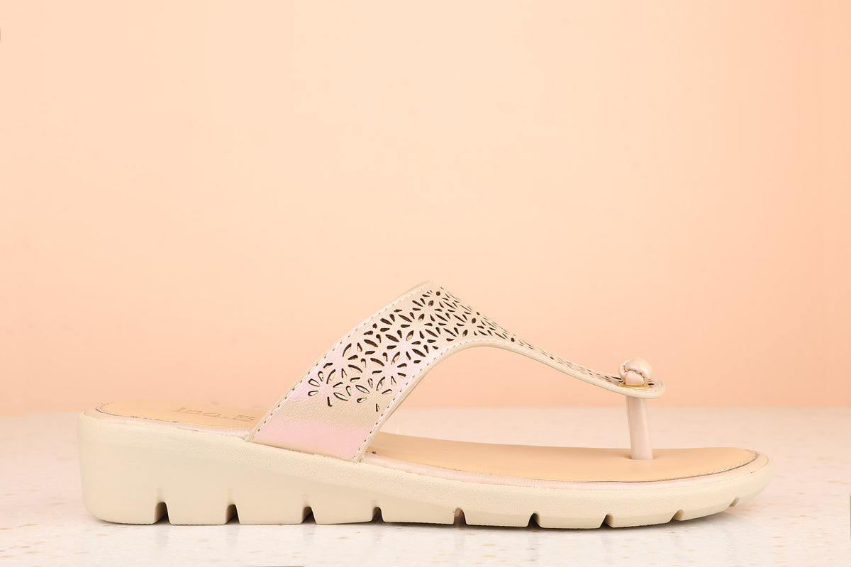 Women Rose Gold Textured T-Strap Flats with Laser Cuts