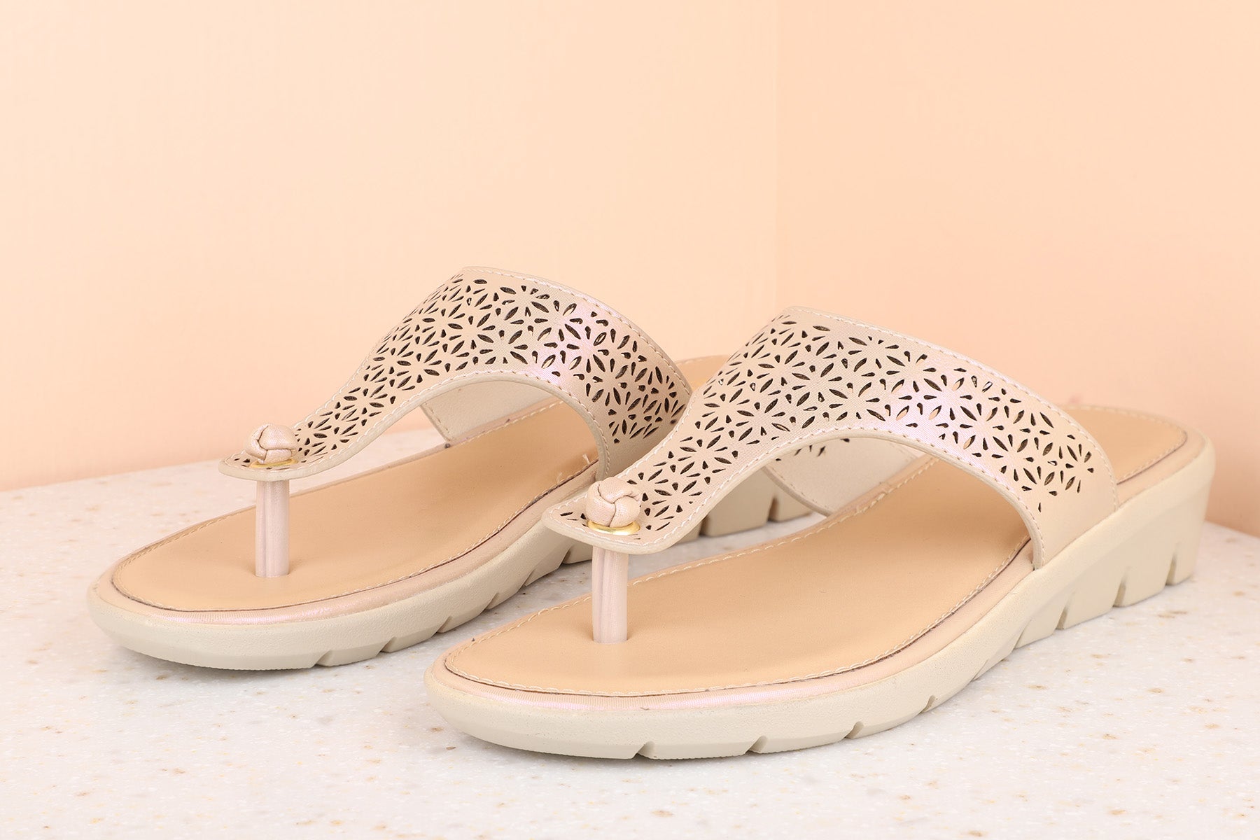 Buy Now Women Rose Gold Textured T-Strap Flats with Laser Cuts