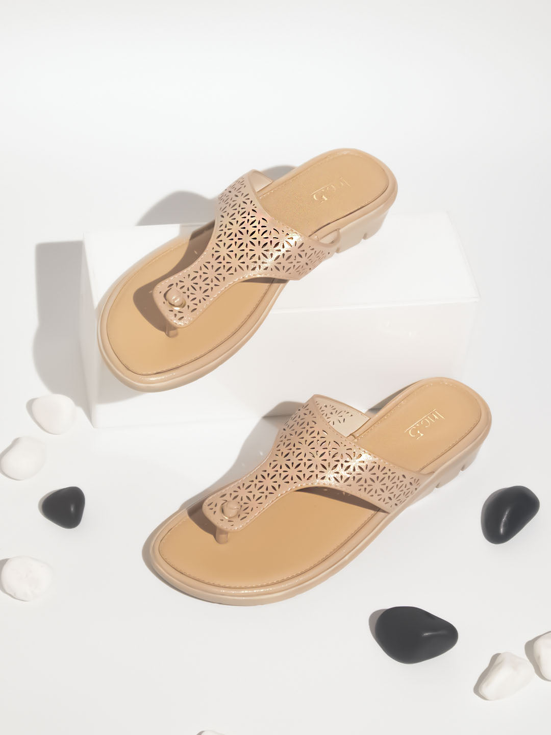 Women Rose Gold Textured T-Strap Flats with Laser Cuts