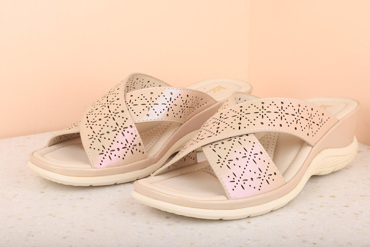 Women Rose Gold Textured Wedges with Laser Cuts