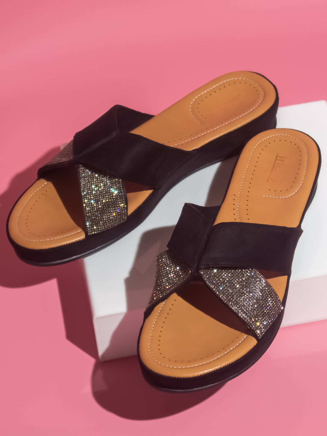 Women Black Embellished Wedge Heels