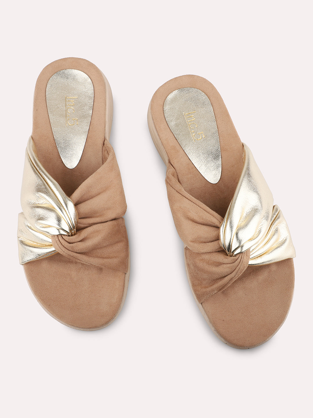 Women Beige & Gold Toned Open Toe Flats