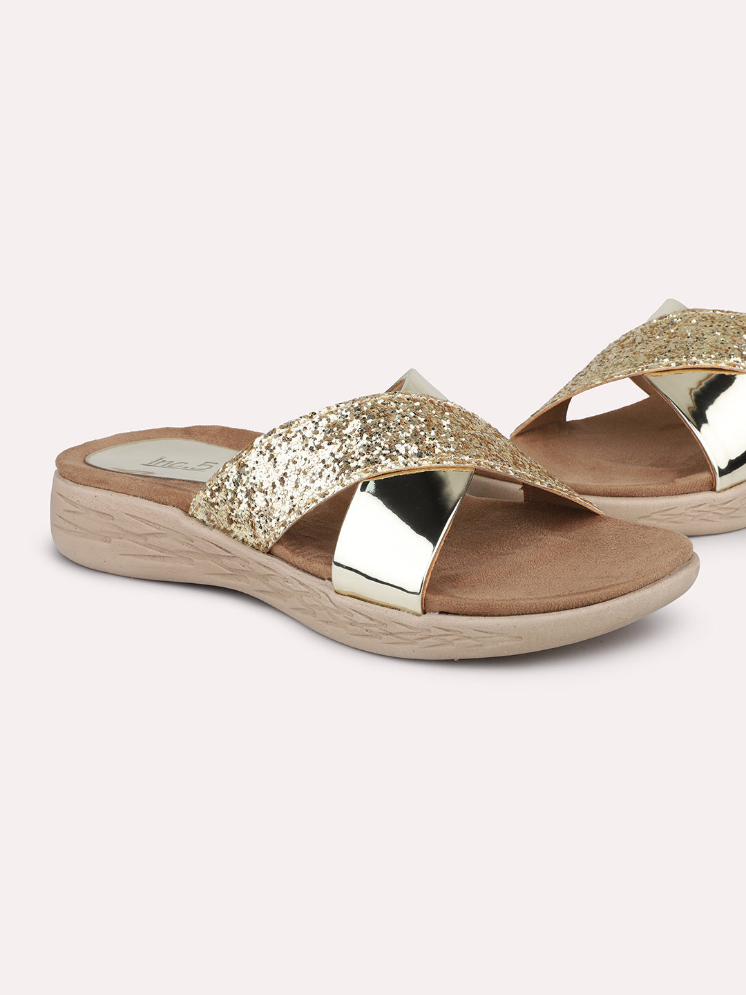 Women Gold Toned Embellished Open Toe Flats