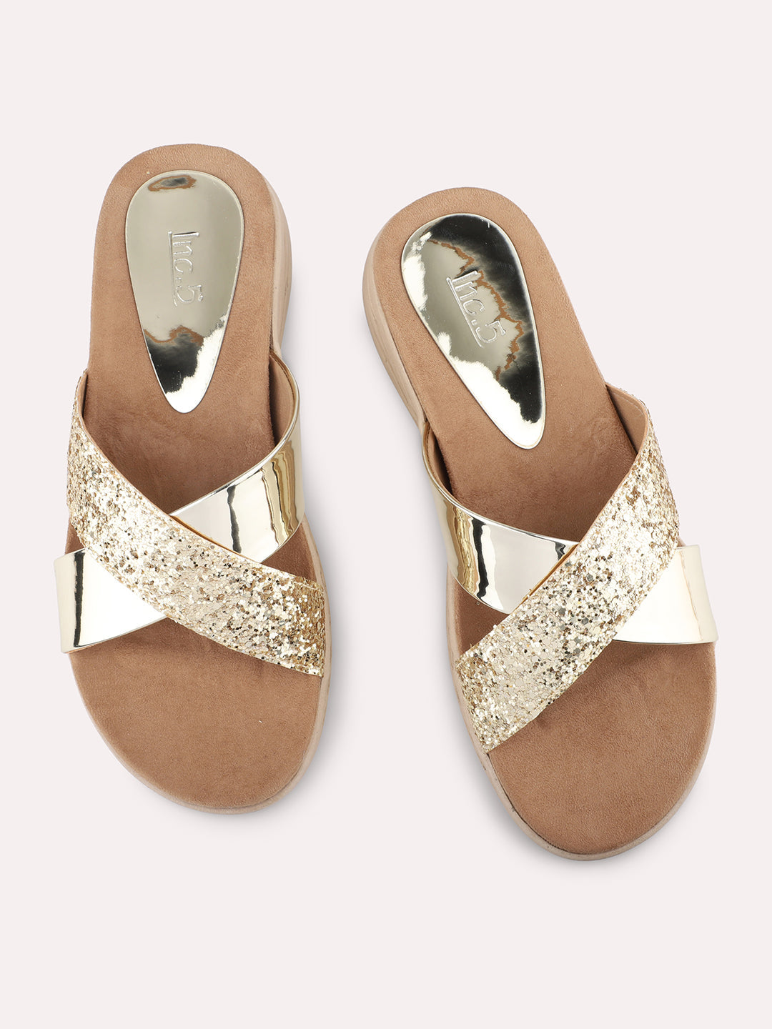 Women Gold Toned Embellished Open Toe Flats