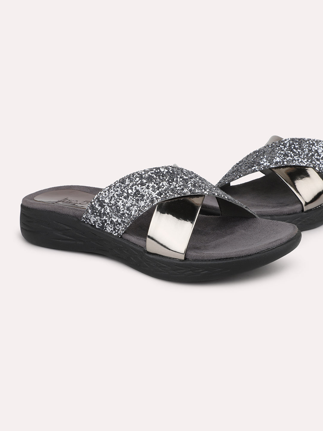 Women Pewter Toned Embellished Open Toe Flats