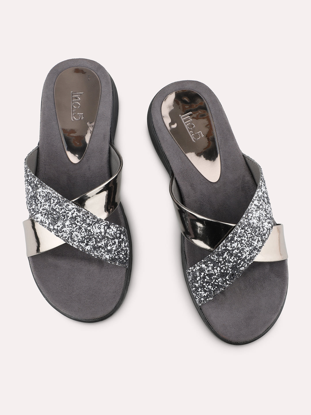 Women Pewter Toned Embellished Open Toe Flats