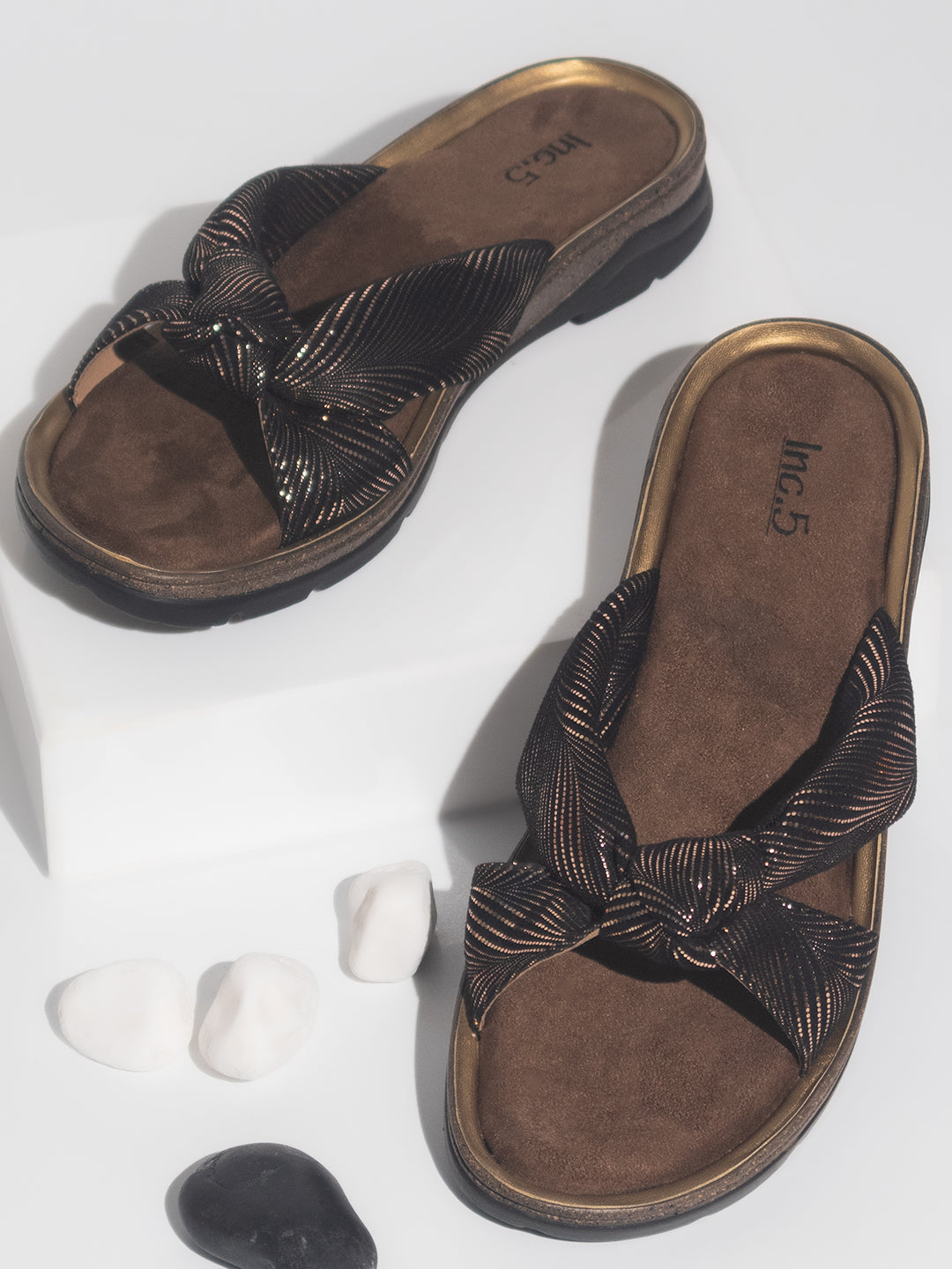 Women Antique Printed Open Toe Flats with Knot Detail