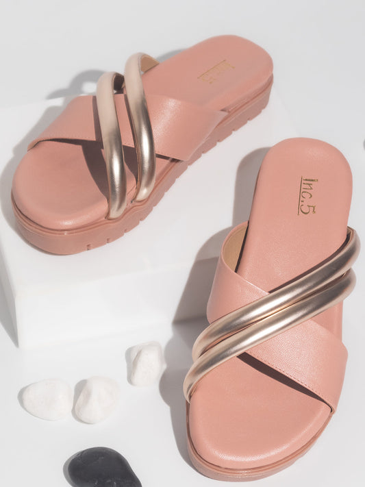 Women Peach & Gold Open Toe Flats