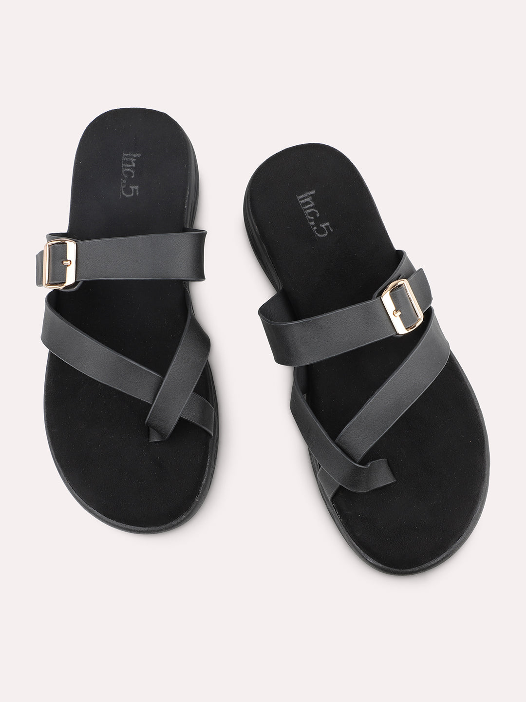 Women Black Buckle Detail One Toe Comfort Heels