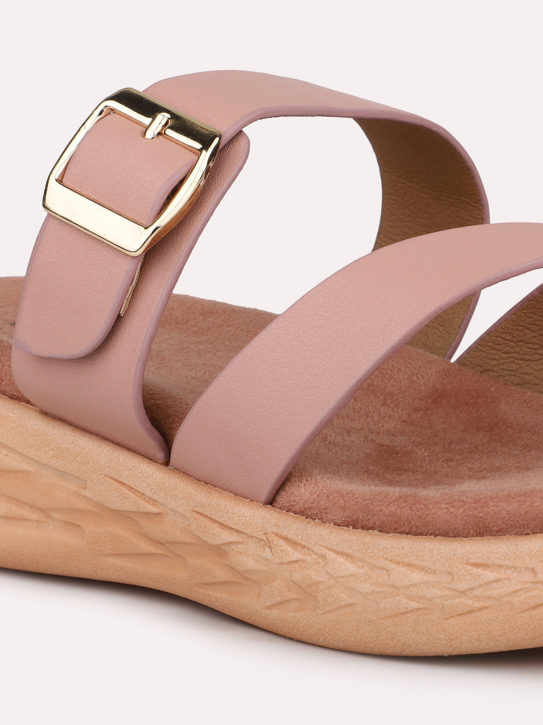 Women Peach Buckle Detail One Toe Comfort Heels