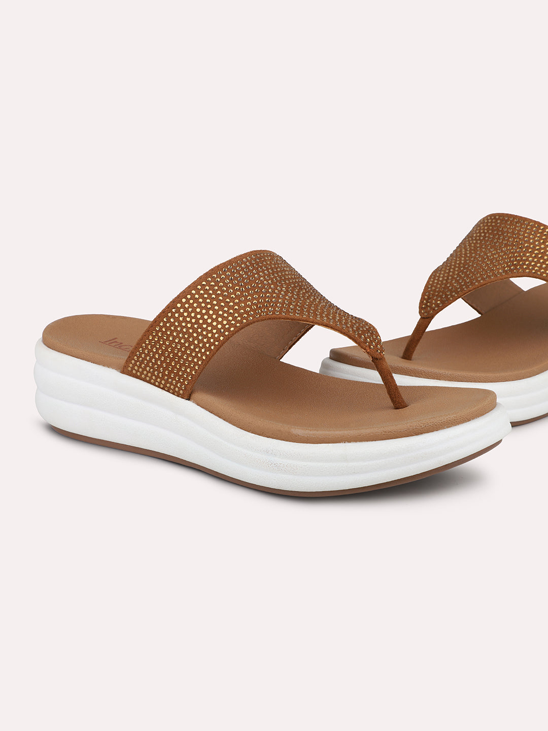 Women Tan Embellished Comfort Heels