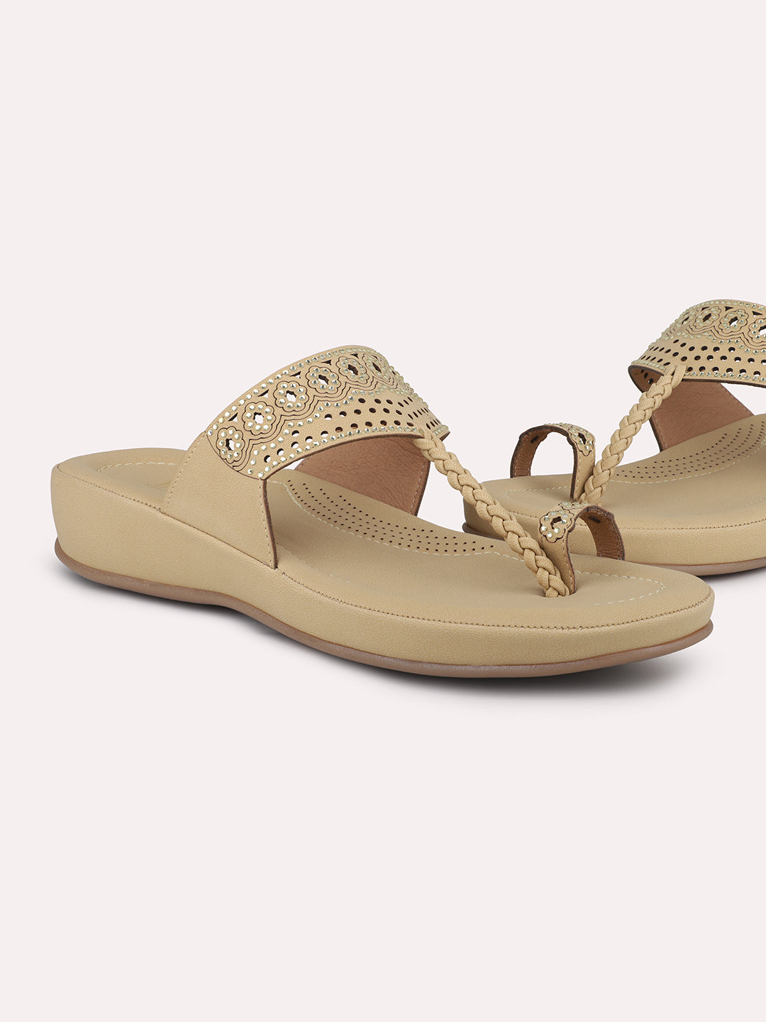 Women Beige One Toe Comfort Sandals with Laser Cuts