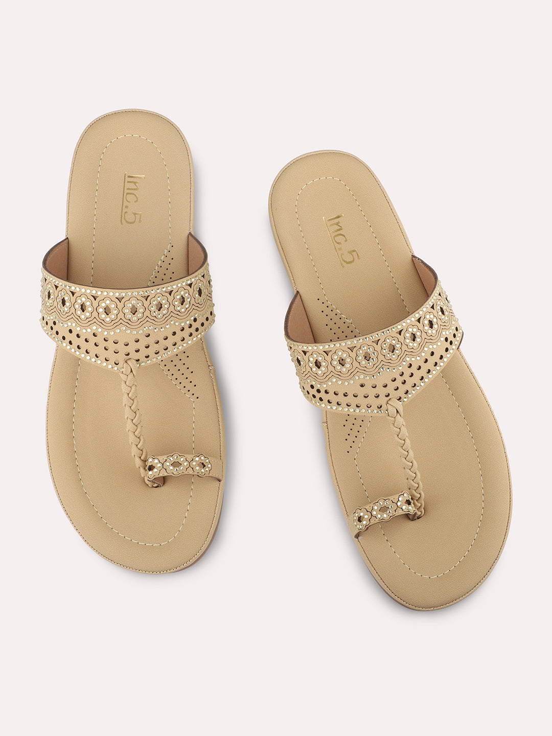 Women Beige One Toe Comfort Sandals with Laser Cuts