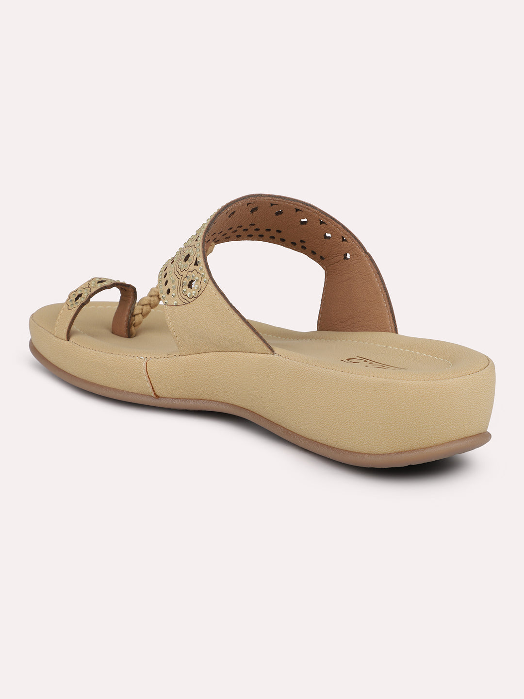 Women Beige One Toe Comfort Sandals with Laser Cuts