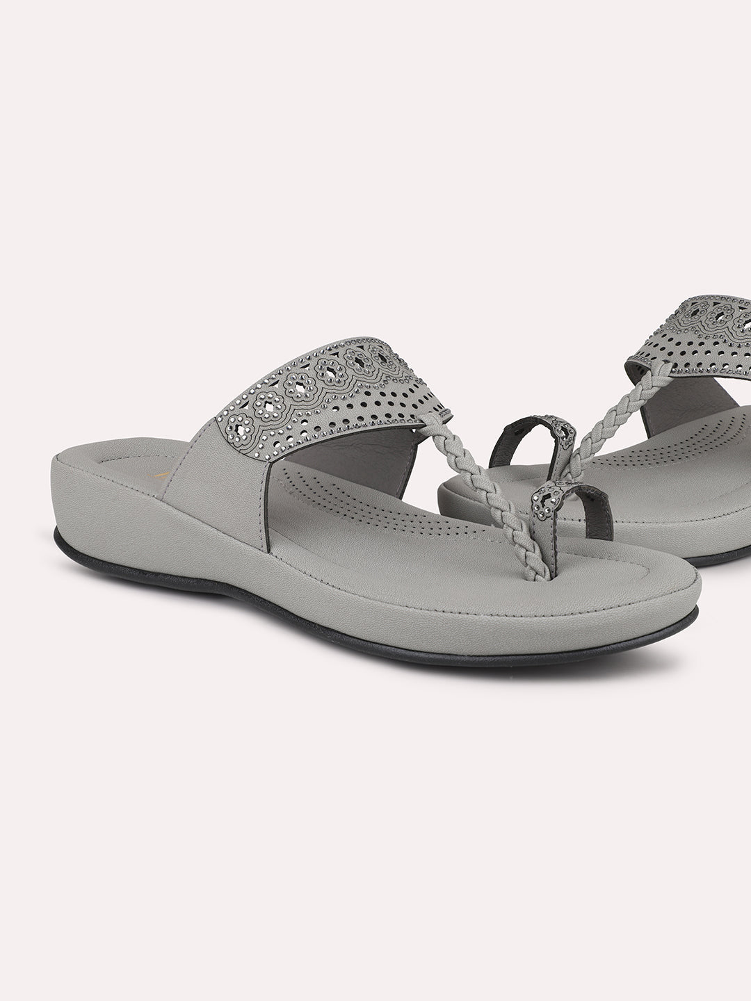 Women Grey One Toe Comfort Sandals with Laser Cuts