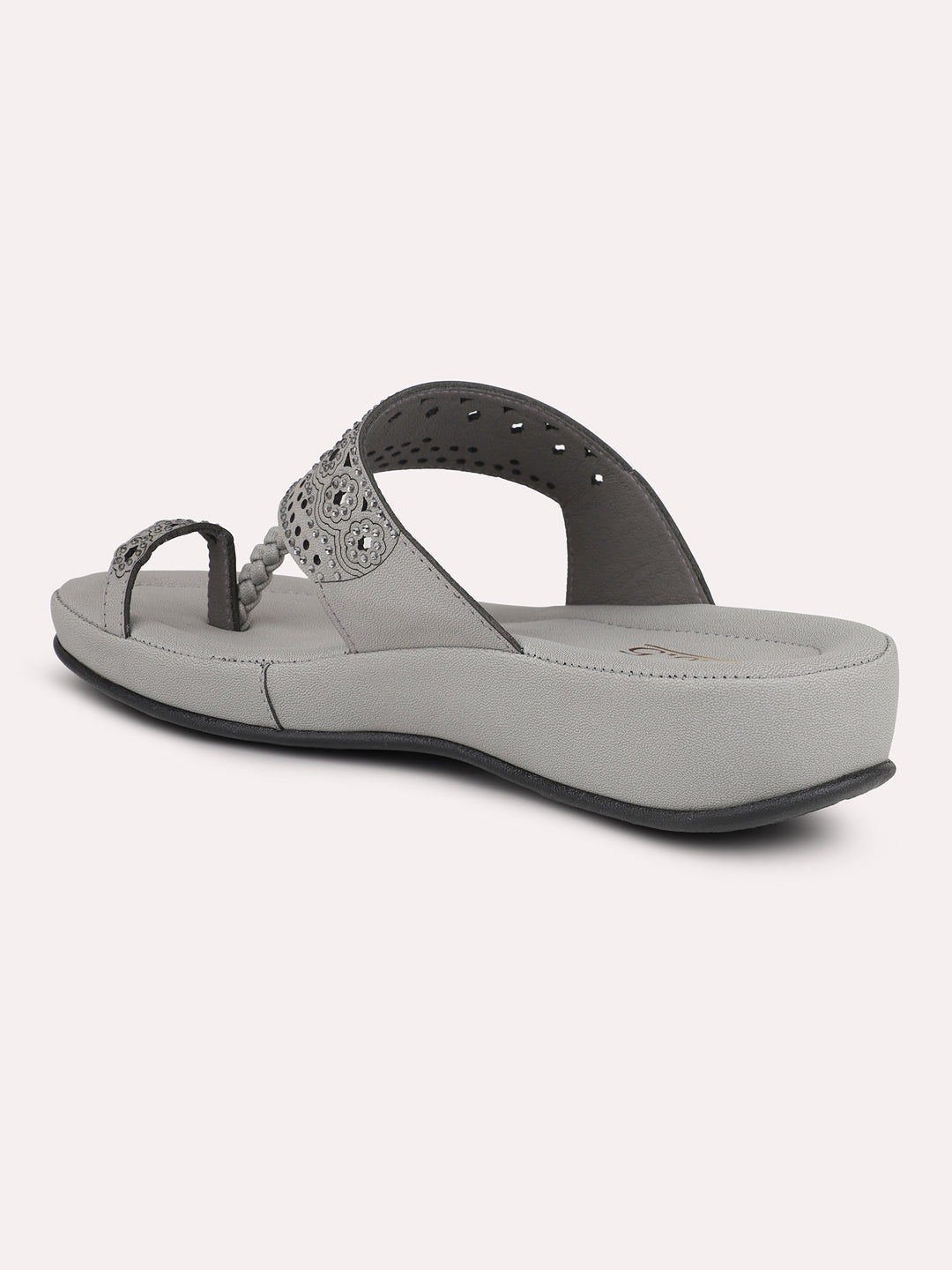 Women Grey One Toe Comfort Sandals with Laser Cuts