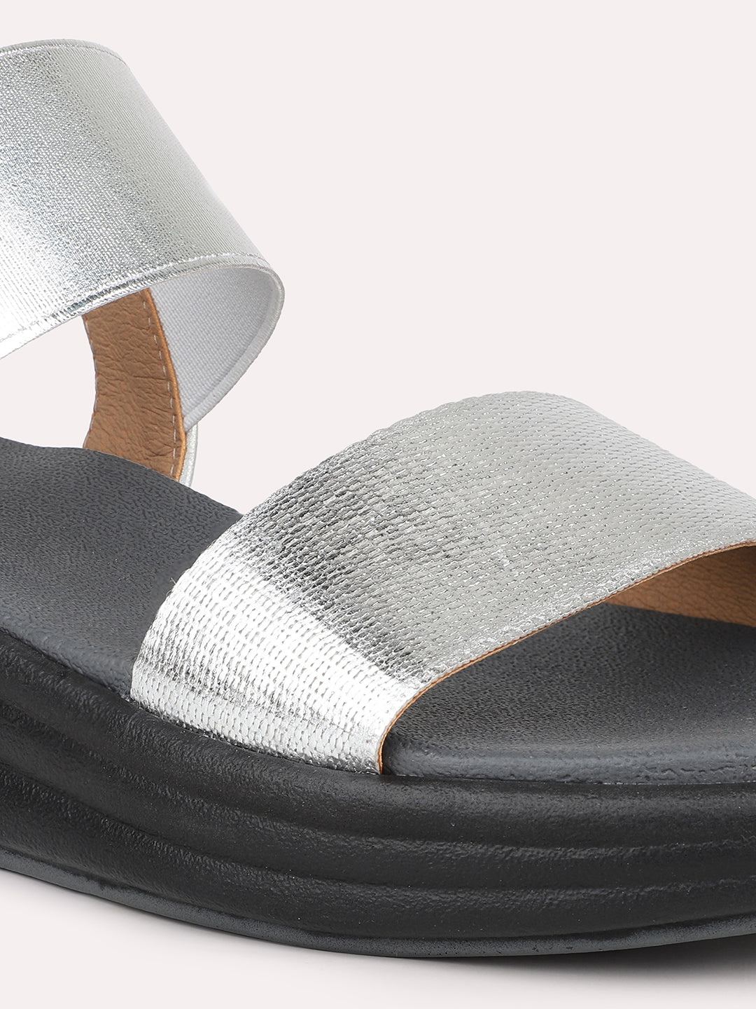 Women Silver Embellished Open Toe Comfort Heels