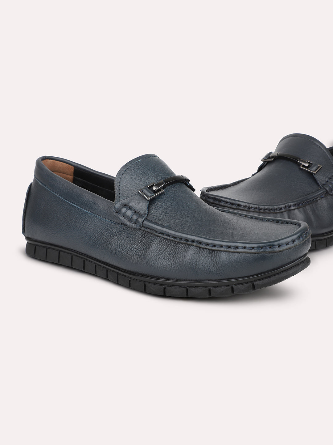 Atesber Navy Textured Loafer Shoes For Men