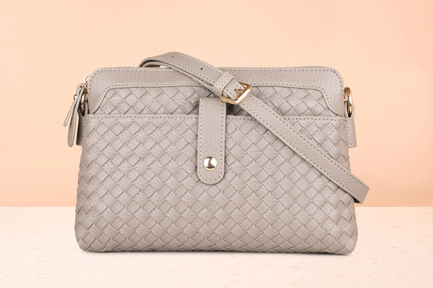 Women Grey Textured Design Sling Bag With Zip