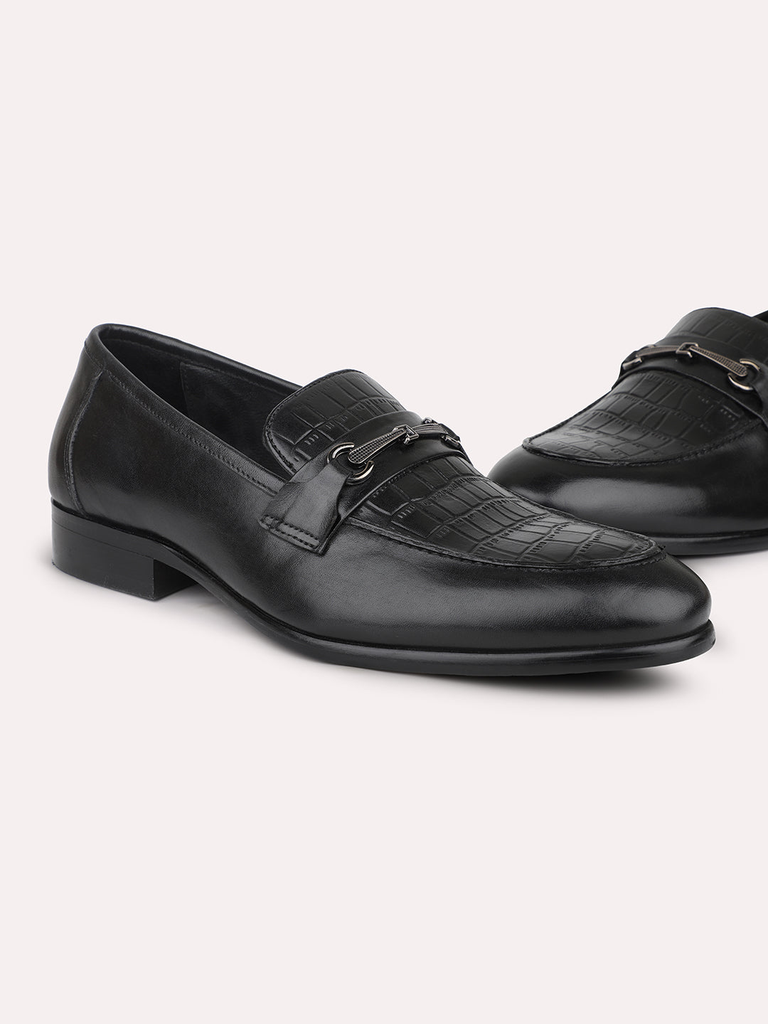 Atesber Black Textured Fomral Moccasin Shoes For Men